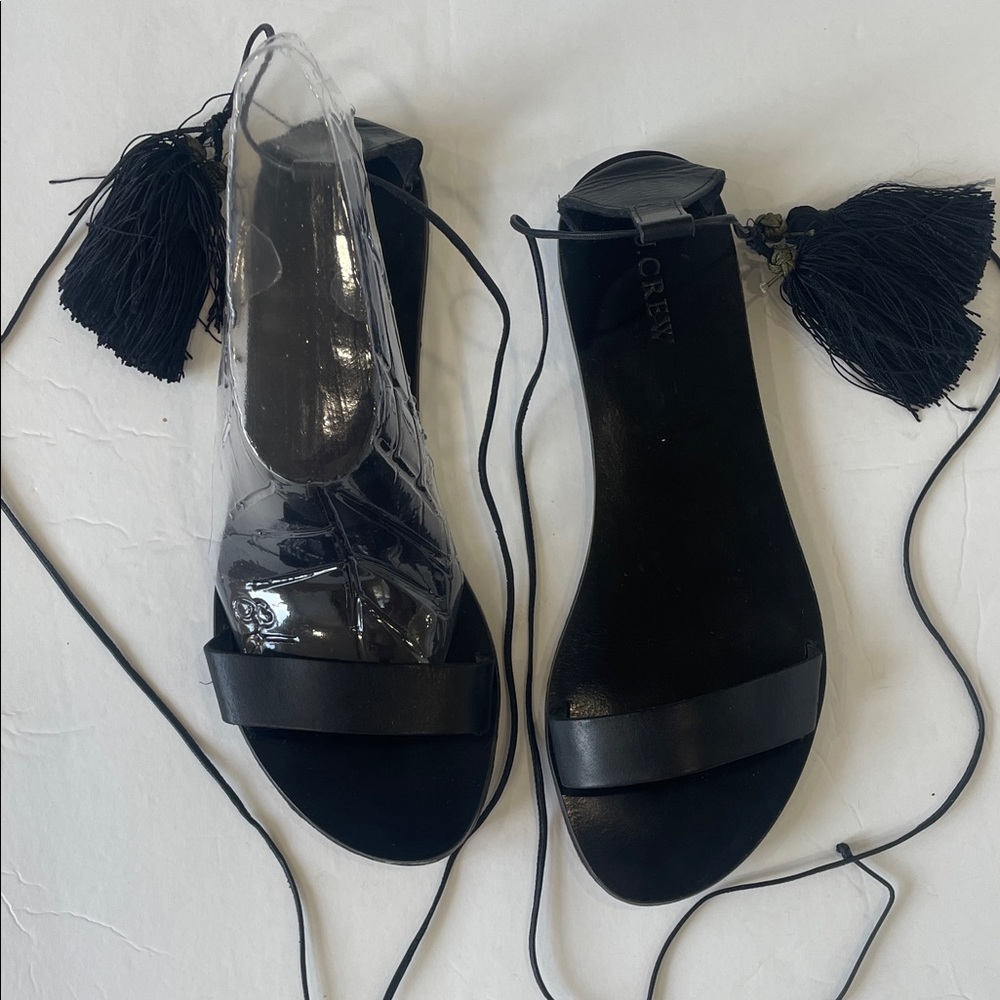J. Crew Black Leather Tassel Wrap Sandals - Picture 3 of 8